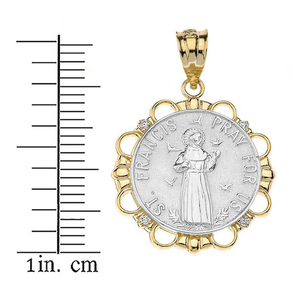 Solid Two Tone Yellow Gold Diamond Saint Francis Pray For Us Circle Pendant Necklace