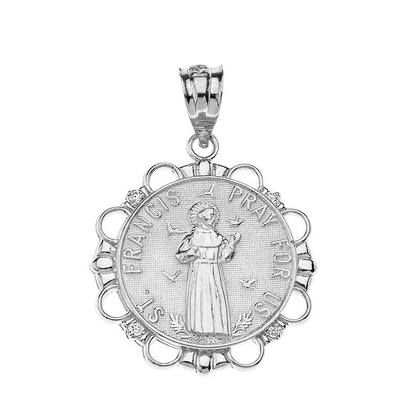 Sterling Silver Saint Francis Pray For Us Circle Pendant Necklace