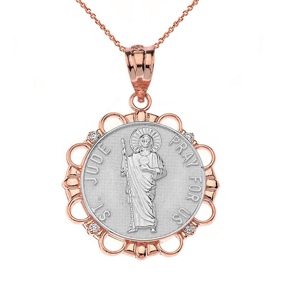 Solid Two Tone Rose Gold Diamond Saint Jude Pray For Us Circle Pendant Necklace