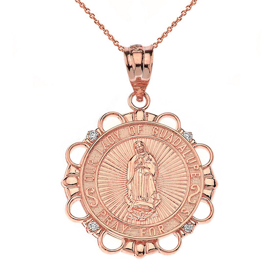 Solid Gold Diamond Our Lady of Guadalupe Pray For Us Circle Pendant Necklace(Available In Yellow/Rose/White Gold)