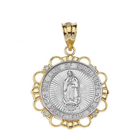 Solid Two Tone Yellow Gold Diamond Our Lady of Guadalupe Pray For Us Circle Pendant Necklace