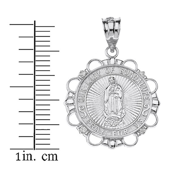 Sterling Silver CZ Our Lady of Guadalupe Pray For Us Circle Pendant Necklace