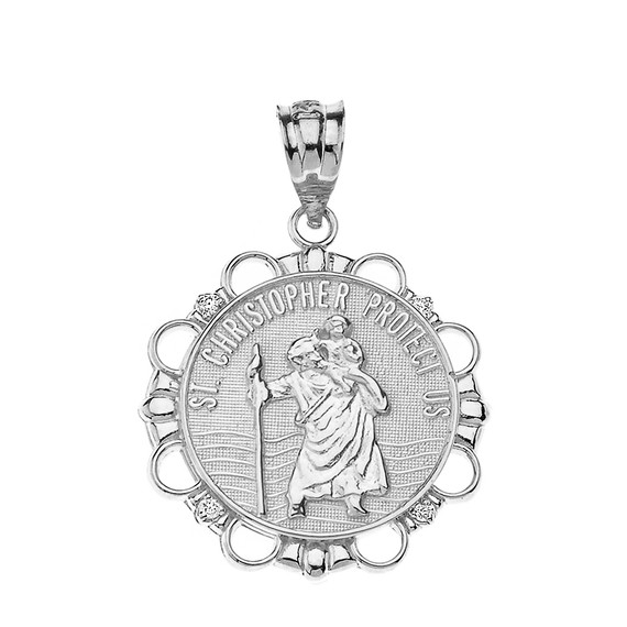 Solid White Gold Diamond Saint Christopher Pray For Us Circle Pendant Necklace