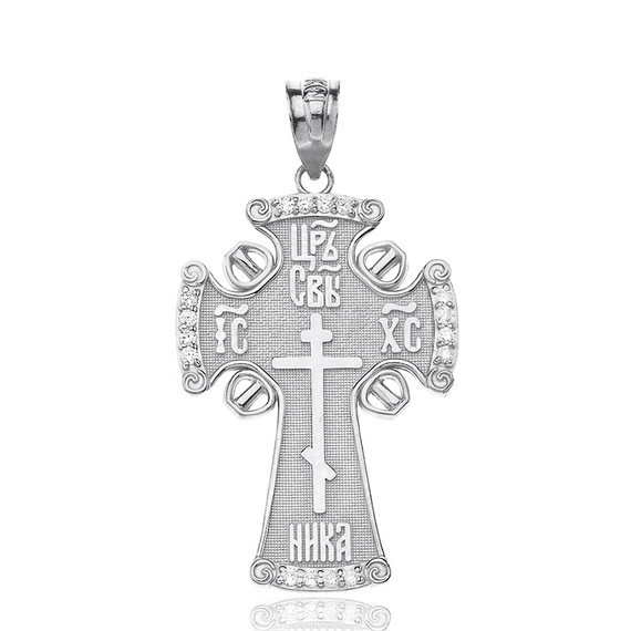 Sterling Silver CZ ICXC NIKA Eastern Orthodox Cross Pendant Necklace