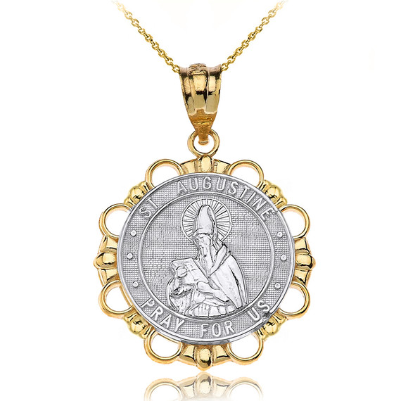 Two Tone Yellow Gold Saint Augustine Patron Saint Of Brewers Pray For Us Medallion Pendant Necklace