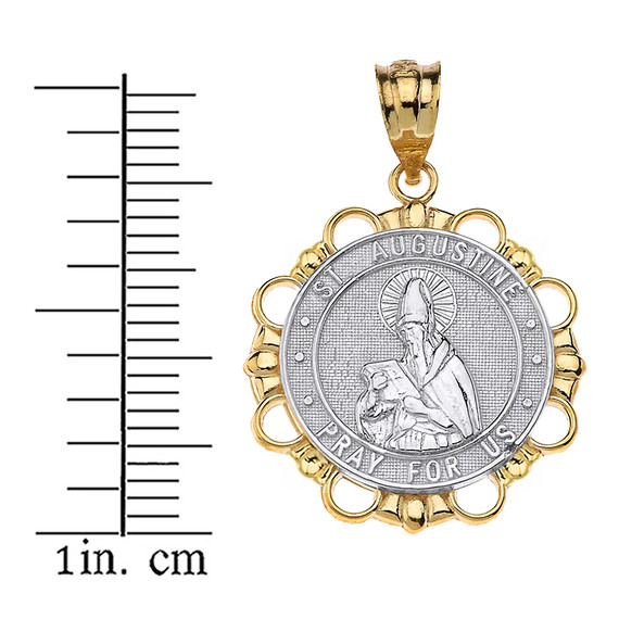Two Tone Yellow Gold Saint Augustine Patron Saint Of Brewers Pray For Us Medallion Pendant with measurement