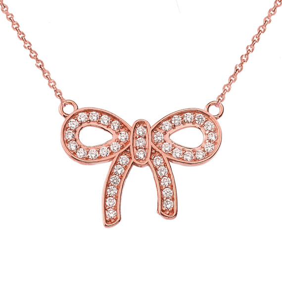 14K Rose Gold Diamond Bow Tie Ribbon Necklace