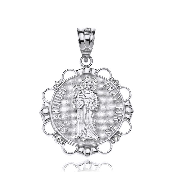 Sterling Silver CZ Saint Anthony Pray For Us Circle Pendant Necklace