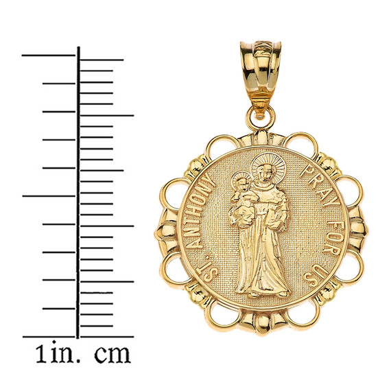 Saint Anthony Pray For Us Circle Pendant Necklace in Gold (Yellow/Rose/White)