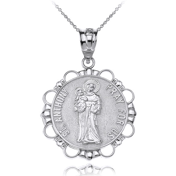 Sterling Silver Saint Anthony Pray For Us Circle Pendant Necklace