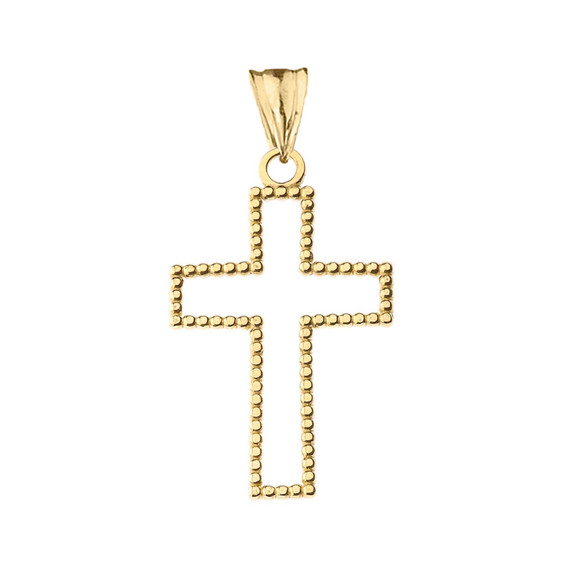 Two Sided Beaded Open Cross Pendant Necklace in Yellow Gold (1.2")