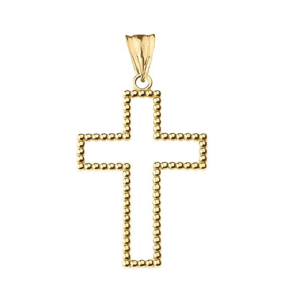 Two Sided Beaded Open Cross Pendant Necklace in Yellow Gold (1.5")