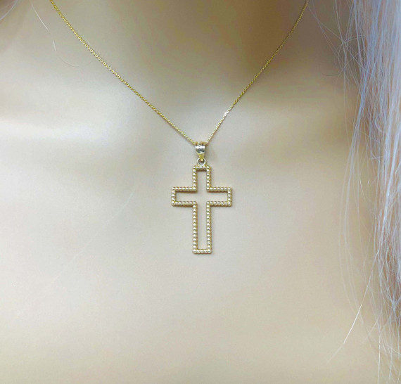 Two Sided Beaded Open Cross Pendant Necklace in Yellow Gold (1.5")