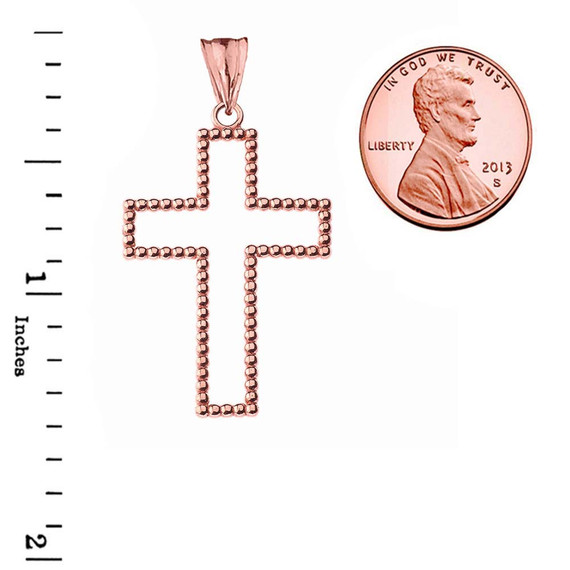 Two Sided Beaded Open Cross Pendant Necklace in Rose Gold (1.5")