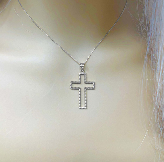 Two Sided Beaded Open Cross Pendant Necklace in White Gold (1.5")