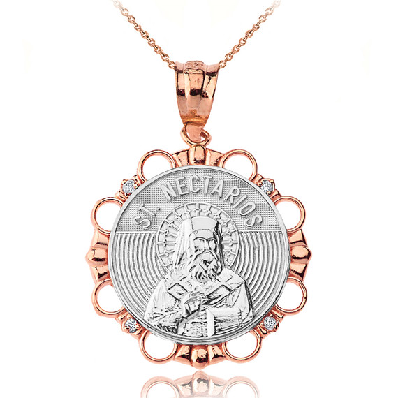 Solid Two Tone Rose Gold Diamond Saint Nectarios of Aegina Circle Pendant Necklace