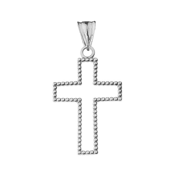 Two Sided Beaded Open Cross Pendant Necklace in Sterling Silver (1.2") SM