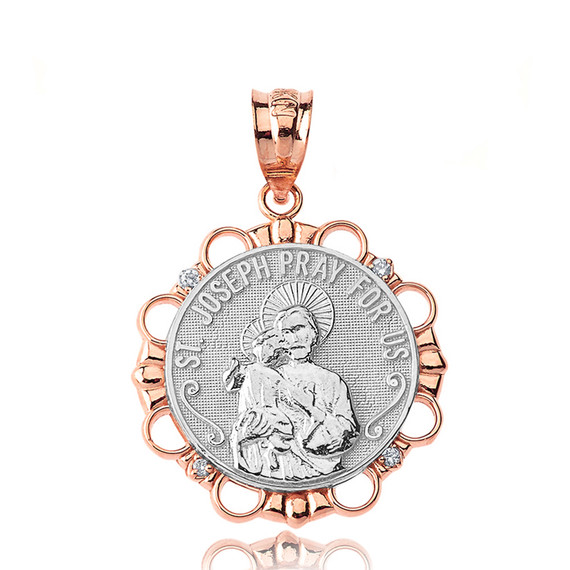 Solid Two Tone Rose Gold Diamond Saint Joseph Pray for Us Circle Pendant Necklace