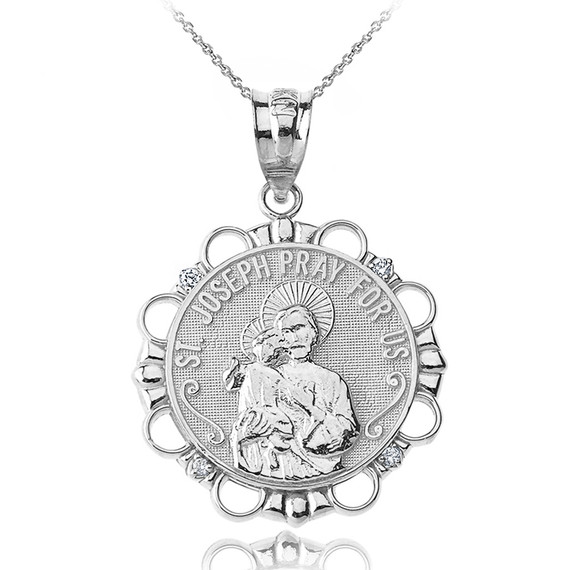 Sterling Silver CZ Saint Joseph Pray for Us Circle Pendant Necklace