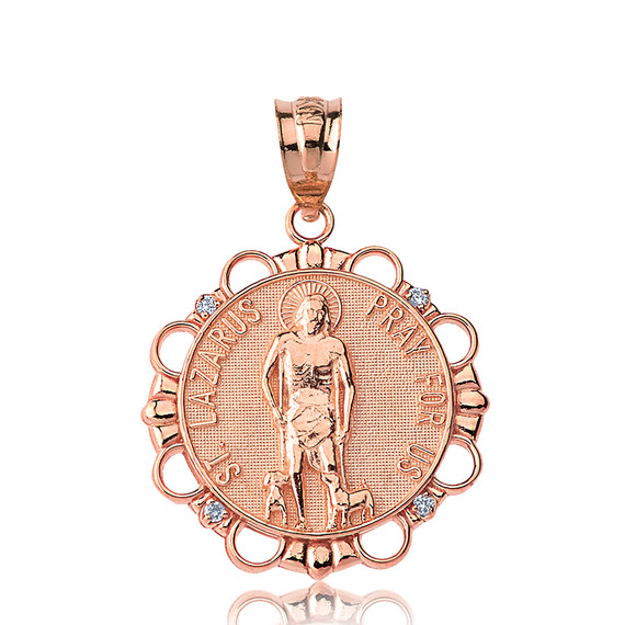 Solid Rose Gold Diamond Saint Lazarus Pray for Us Circle Pendant Necklace