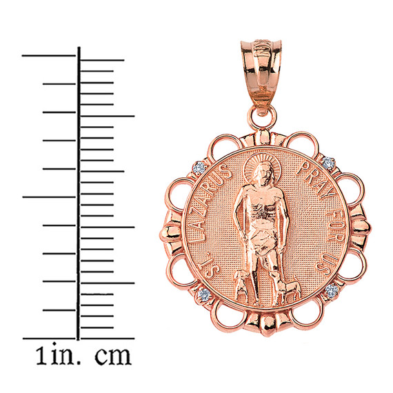 Solid Rose Gold Diamond Saint Lazarus Pray for Us Circle Pendant Necklace