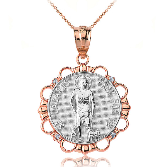 Solid Two Tone Rose Gold Diamond Saint Lazarus Pray for Us Circle Pendant Necklace