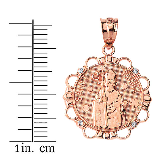 Solid Rose Gold Diamond Saint Patrick Circle Pendant Necklace