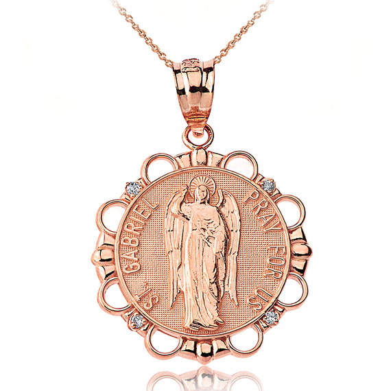 Solid Rose Gold Diamond Saint Gabriel Pray For Us Circle Pendant Necklace