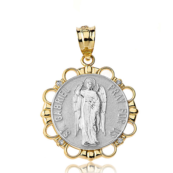 Solid Two Tone Yellow Gold Diamond Saint Gabriel Pray For Us Circle Pendant Necklace