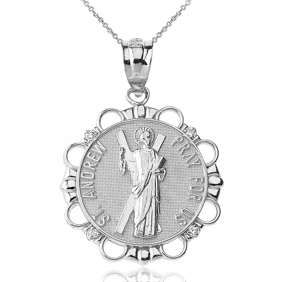 Solid White Gold Diamond Saint Andrew Pray For Us Circle Pendant Necklace