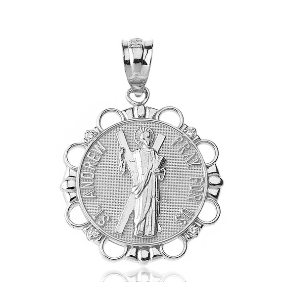 Sterling Silver CZ Saint Andrew Pray For Us Circle Pendant Necklace