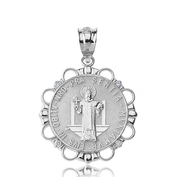 Solid White Gold Diamond Saint Benito Circle Pendant Necklace