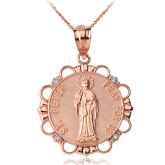 Solid Rose Gold Diamond Saint Peter Pray For Us  Circle Pendant Necklace