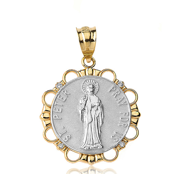 Solid Two Tone Yellow Gold Diamond Saint Peter Pray For Us  Circle Pendant Necklace
