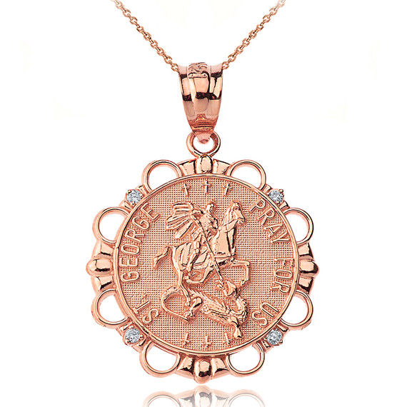 Solid Rose Gold Diamond Saint George Pray For Us  Circle Pendant Necklace