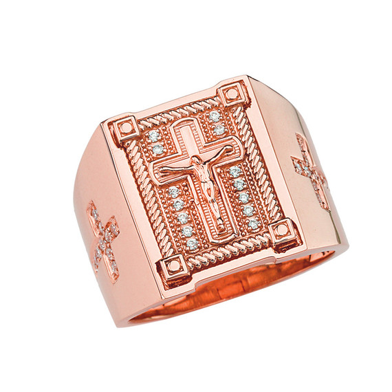 Mens Diamond Cross Ring in Solid Rose Gold