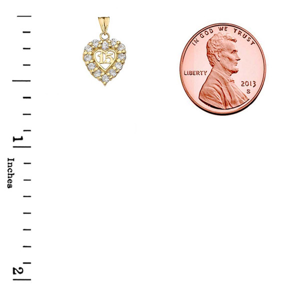 Yellow Gold Cubic Zirconia Heart 15 Años Quinceañera Pendant measurement