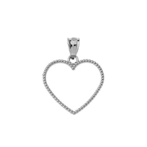 Two Sided Beaded Open Heart Pendant Necklace in White Gold (0.9")