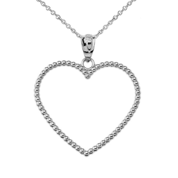 Two Sided Beaded Open Heart Pendant Necklace in White Gold (1.1")