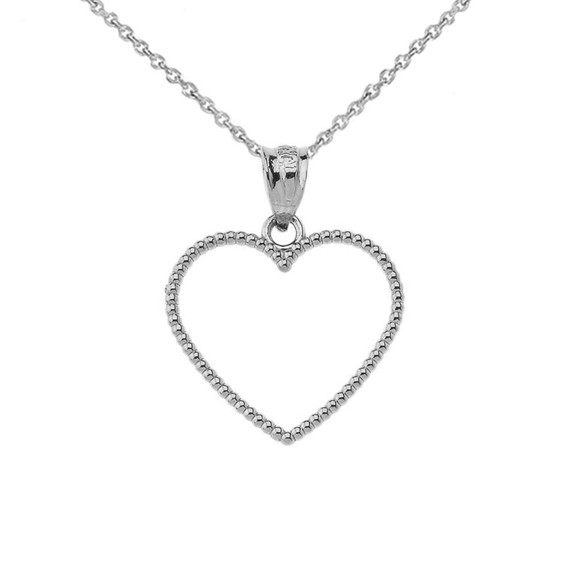 Two Sided Beaded Open Heart Pendant Necklace in Sterling Silver (0.9")