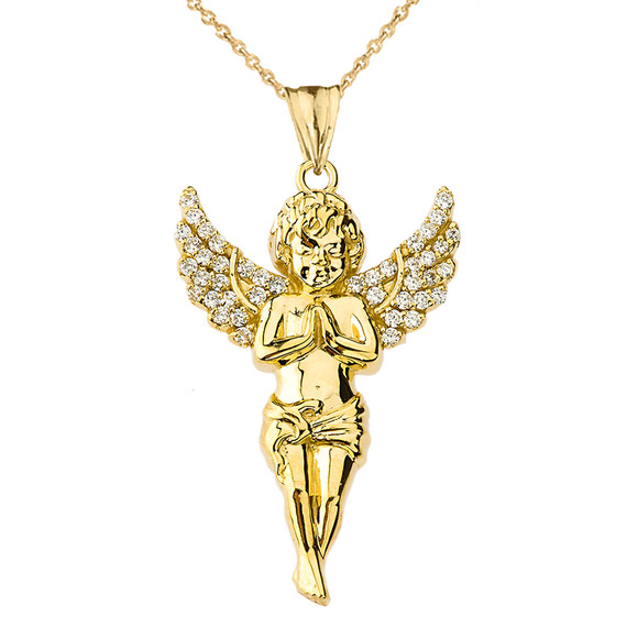 Yellow Gold Angel Pendant Necklace with Cubic Zirconia
