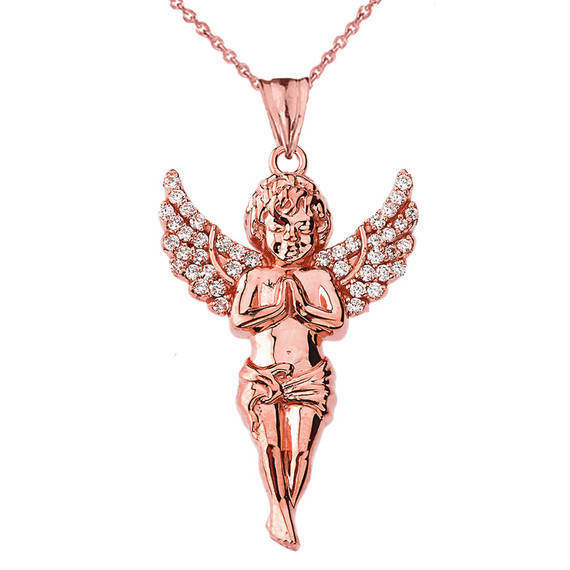 Rose Gold Angel Pendant Necklace with Cubic Zirconia