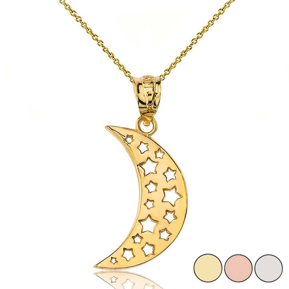 Moon Crescent and Stars Pendant Necklace in Gold (Yellow/Rose/White)