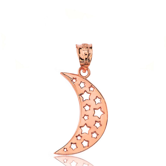 Solid Rose Gold Moon Crescent and Stars Pendant Necklace