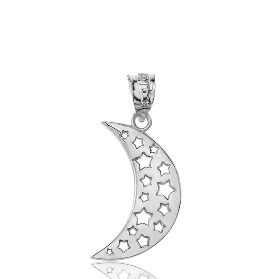 Solid White Gold Moon Crescent and Stars Pendant Necklace