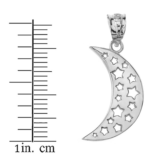 Solid White Gold Moon Crescent and Stars Pendant Necklace