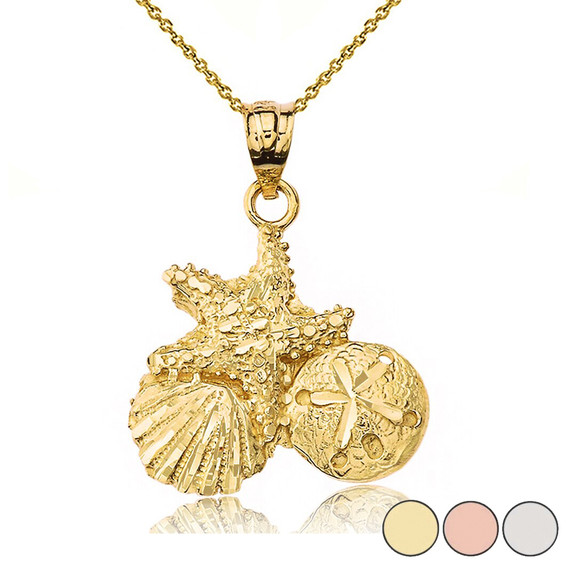 Sparkle Cut Starfish Clam and Sand Dollar Pendant Necklace in Gold (Yellow/Rose/White)