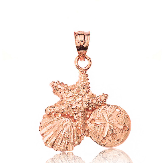 Solid Rose Gold Sparkle Cut Starfish Clam and Sand Dollar Pendant Necklace