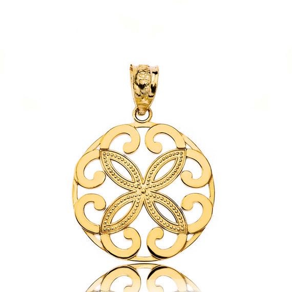 Solid Yellow Gold Openwork Floral Design  Four Petal Flower Round Pendant