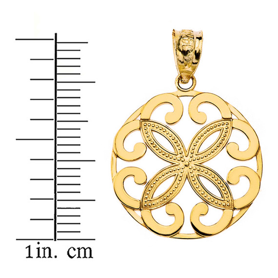Solid Yellow Gold Openwork Floral Design  Four Petal Flower Round Pendant with measurement